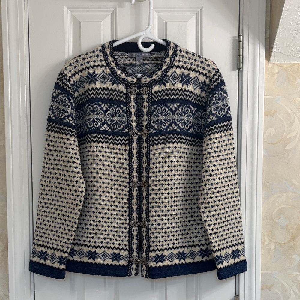 Carroll Reed Vintage Fair Isle Blue & Cream Wool Nordic-Styled Cardigan Sweater